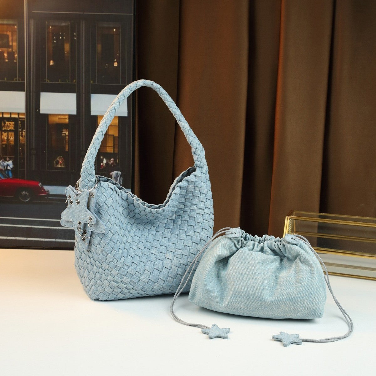 Handwoven Denim Bucket Bag for Women Large Capacity Underarm Shoulder Handbag, Casual Versatile Purse with Natural Woven Texture