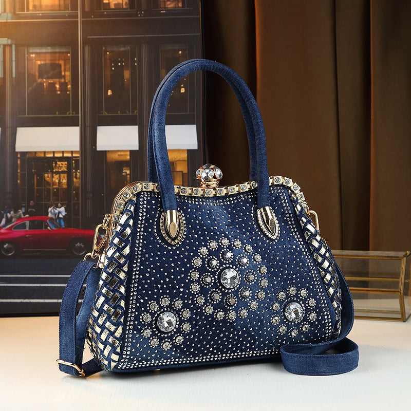 New Arrival Denim Rhinestone-Embellished Commuter Bag for Women, A Large Capacity Shoulder Crossbody Clutch with Trendy Fashionable Design