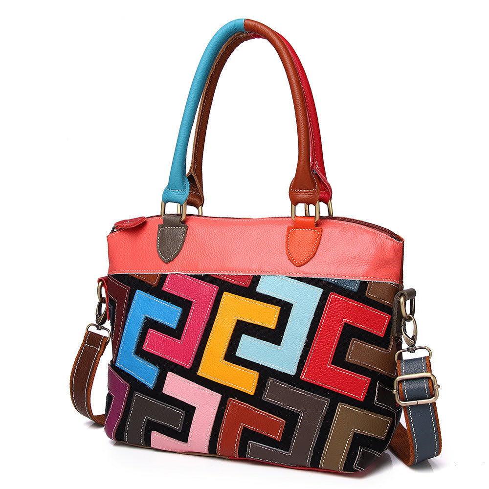Genuine Cowhide Colorful Patchwork Handbag for Women, New Handmade Plaid Shoulder Top Handle Purse, Trendy Everyday Bag for Ladies