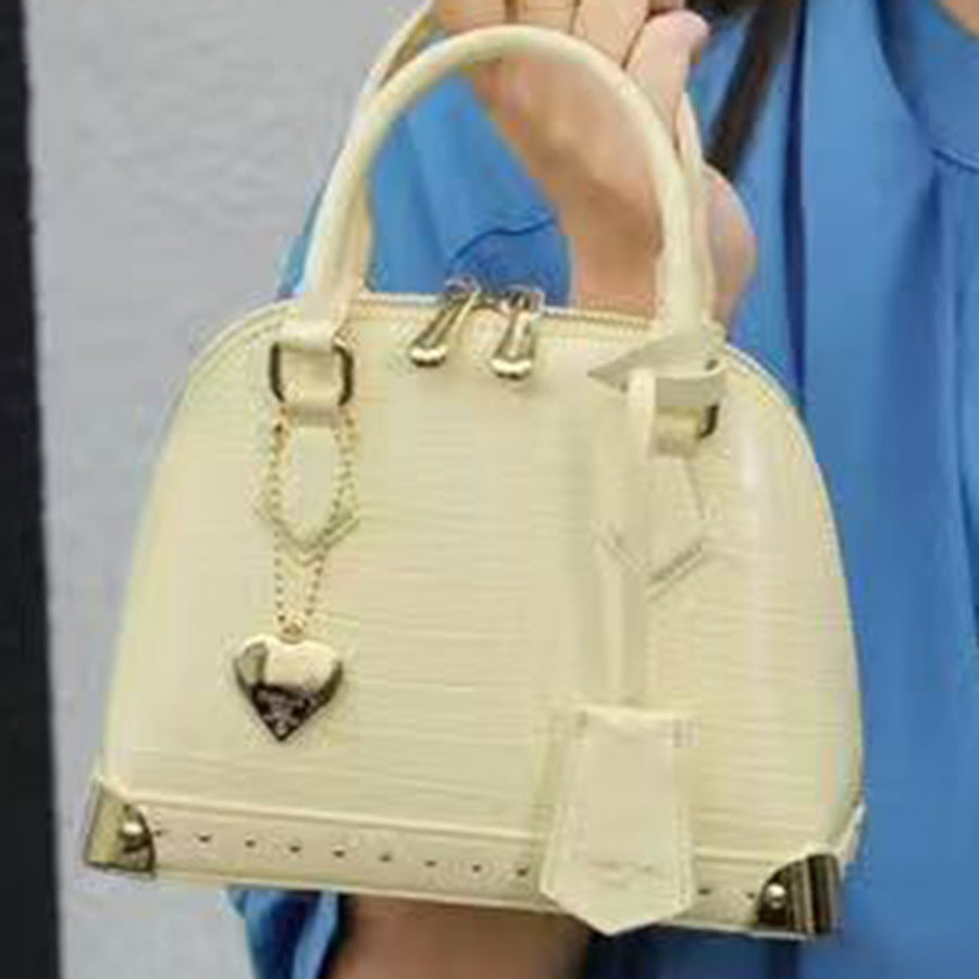 Chic French Style Croc-Effect Shell Bag for Women, A Light Luxury Structured Top-Handle Handbag with Metal Stud Details & Heart Charm, Versatile Shoulder Crossbody Purse