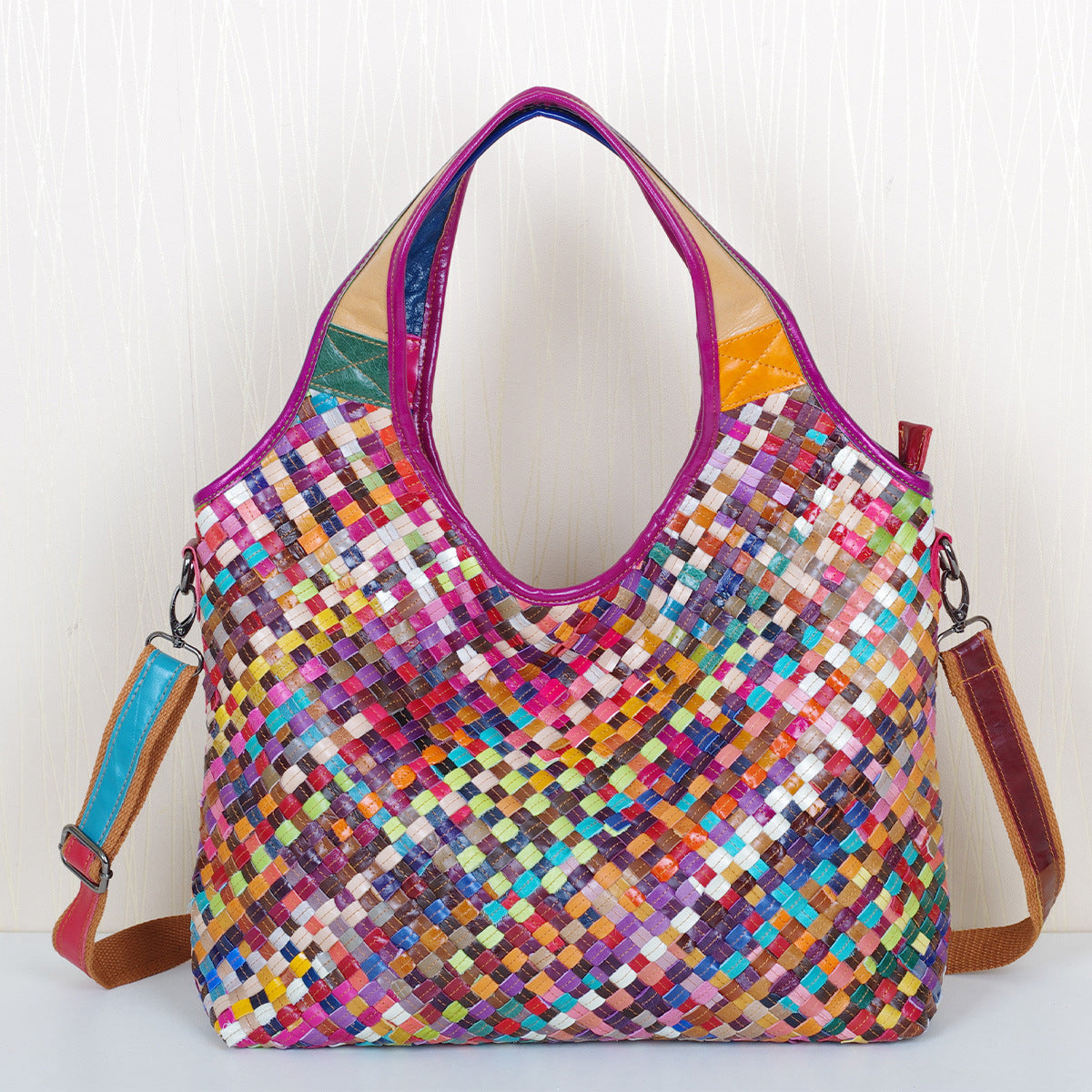 Genuine Leather Colorful Handwoven Bag for Women, Casual Travel Shoulder Crossbody Top Handle Purse, Straw Style Woven Handbag for Ladies
