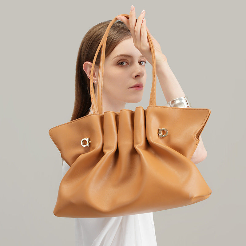 Genuine Leather Pleated Cloud Tote Bag for Women, New Versatile Fashionable Shoulder Crossbody Purse, Large Capacity Casual Everyday Handbag for Ladies