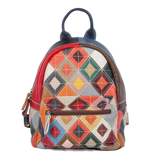 Genuine Cowhide Ethnic Colorful Diamond Quilted Patchwork Backpack for Women, Casual Trendy Handmade Shoulder Bag with Multi-Zipper Design, Travel Daypack for Ladies
