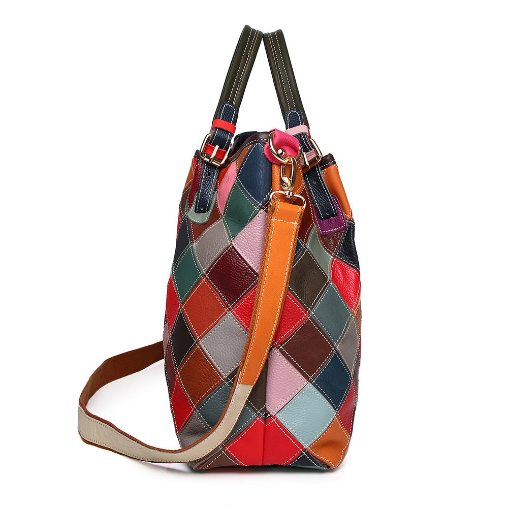 Genuine Top Layer Cowhide Plaid Color Block Patchwork Bag for Women, New Handmade Shoulder Crossbody Top Handle Purse, Trendy Everyday Handbag for Ladies
