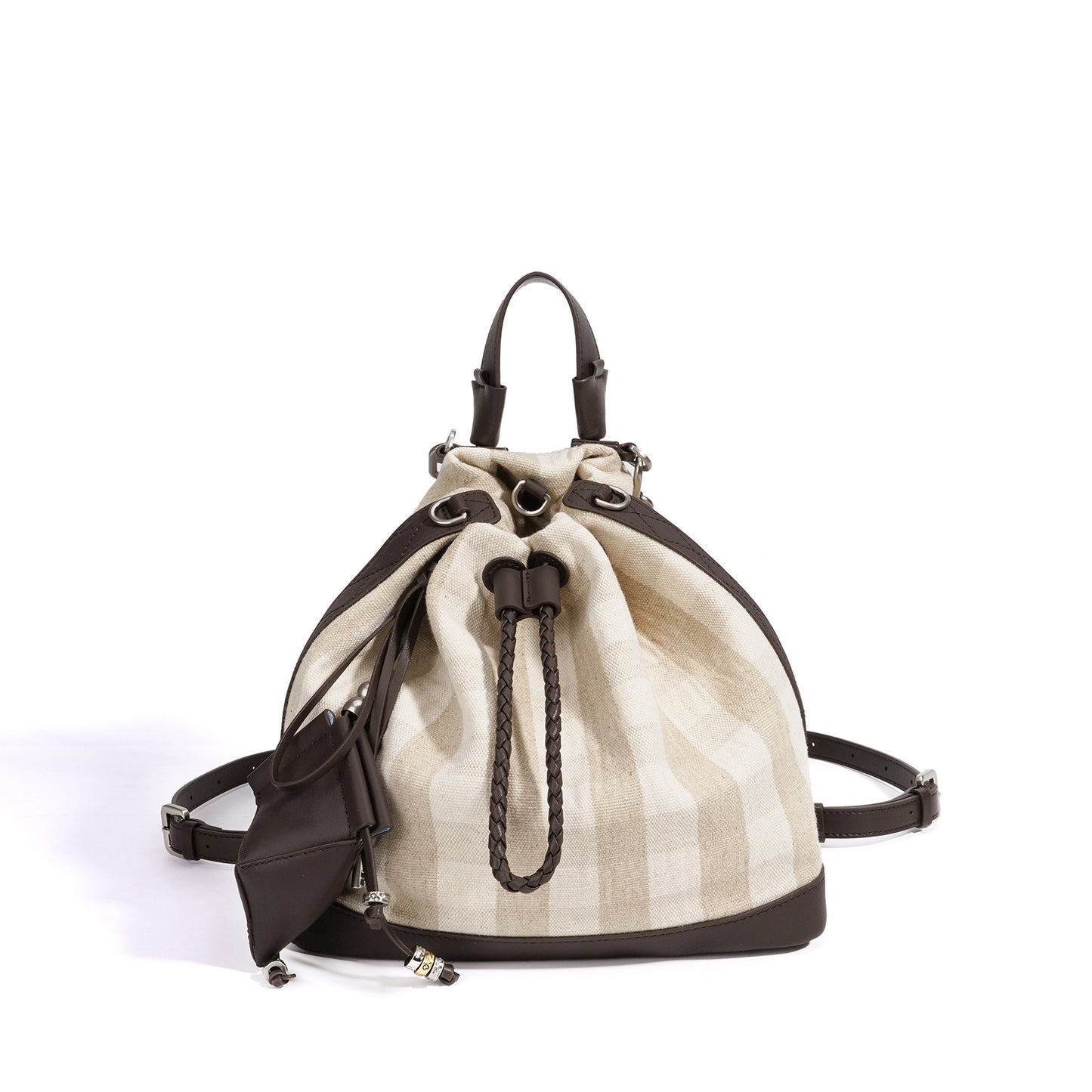 New Niche Drawstring Backpack in Linen & Leather, Large Capacity Commute Travel Daypack, Lightweight Casual Bag for Women