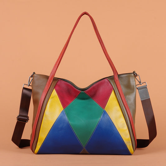 New Vintage Burnished Colorful Patchwork Top Layer Cowhide Bag, Street Style Shoulder Tote Purse, Trendy Handbag for Women