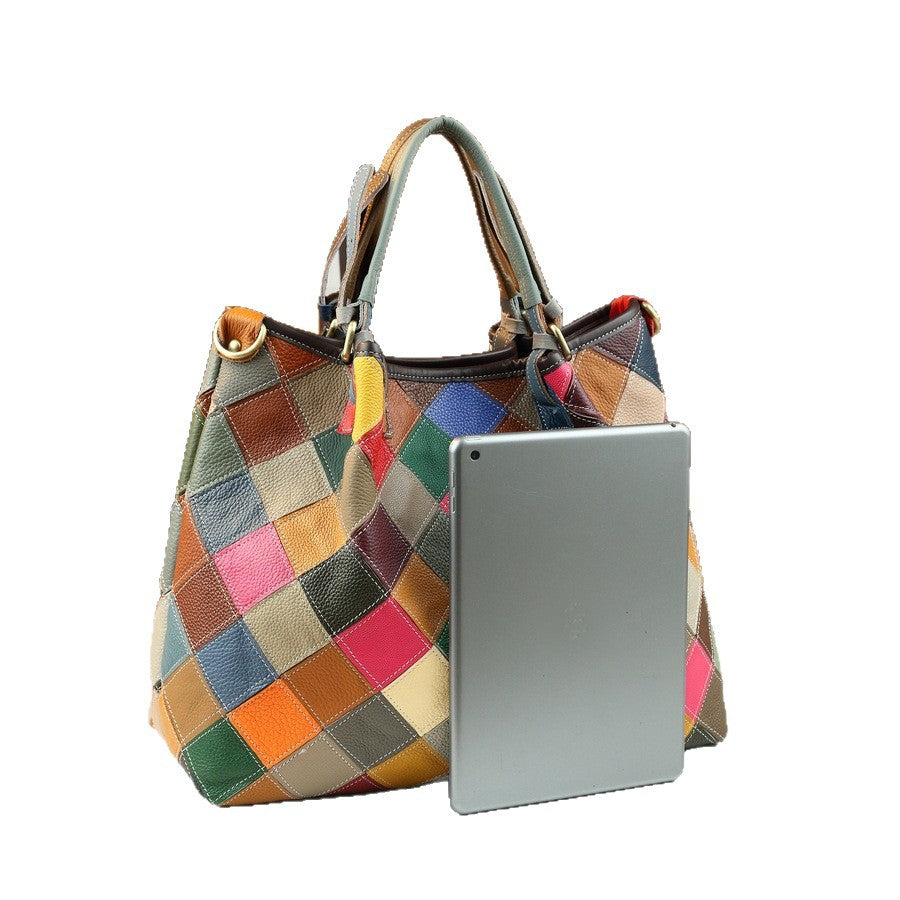 Iridescent Geometric Patchwork Tote Bag for Women Color-Block Genuine Leather Large Capacity Shoulder Crossbody Handbag with Artistic Design