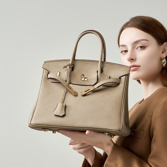 Handcrafted Waxed Thread Birkin-Inspired Tote Bag for Women, Top-Layer Pebbled Cowhide Leather with Elegant Turn-Lock Closure, Premium Everyday Handbag
