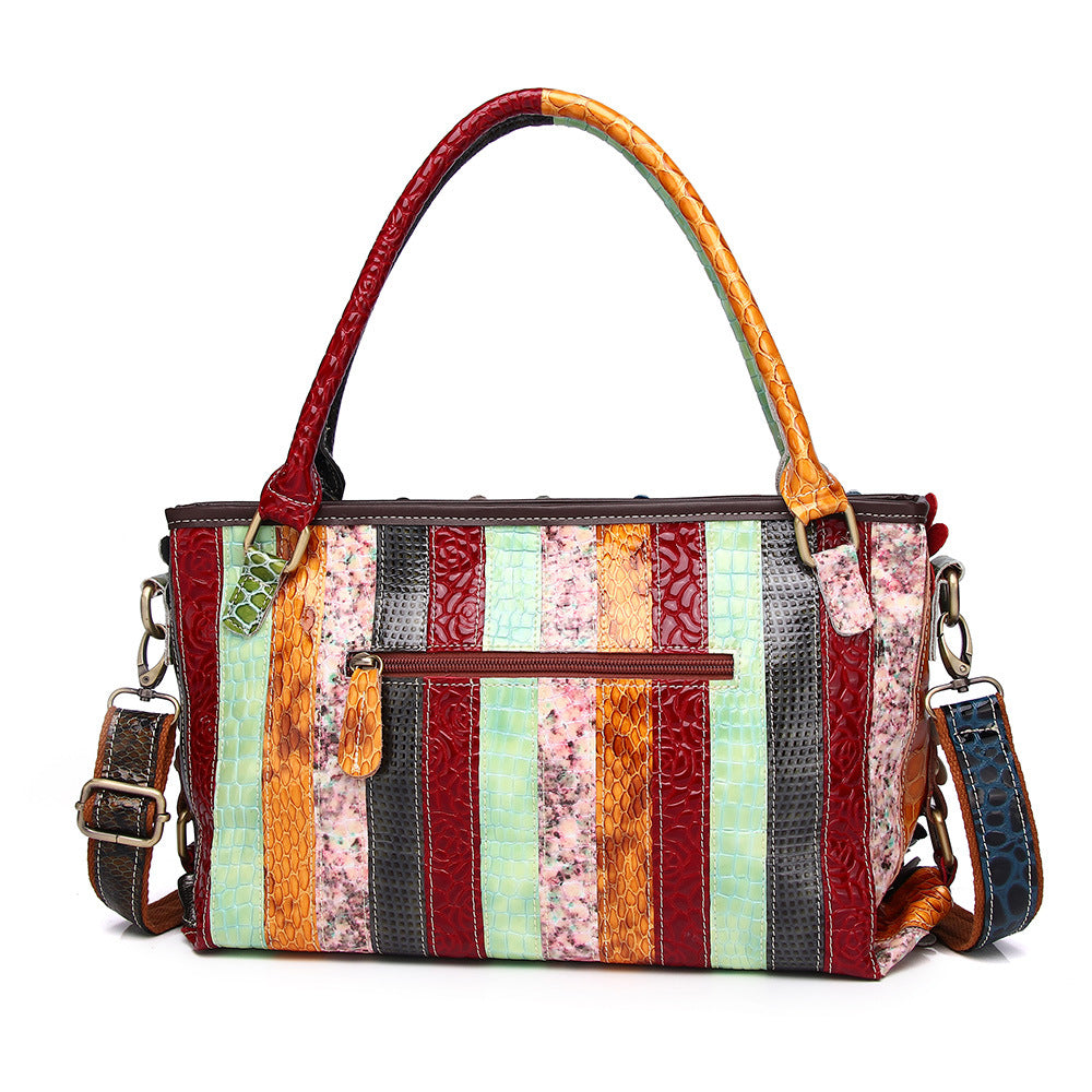 Genuine Leather Snakeskin Floral Color Block Handbag for Women, Trendy Rivet Decor Shoulder Top Handle Purse, Casual Versatile Everyday Bag