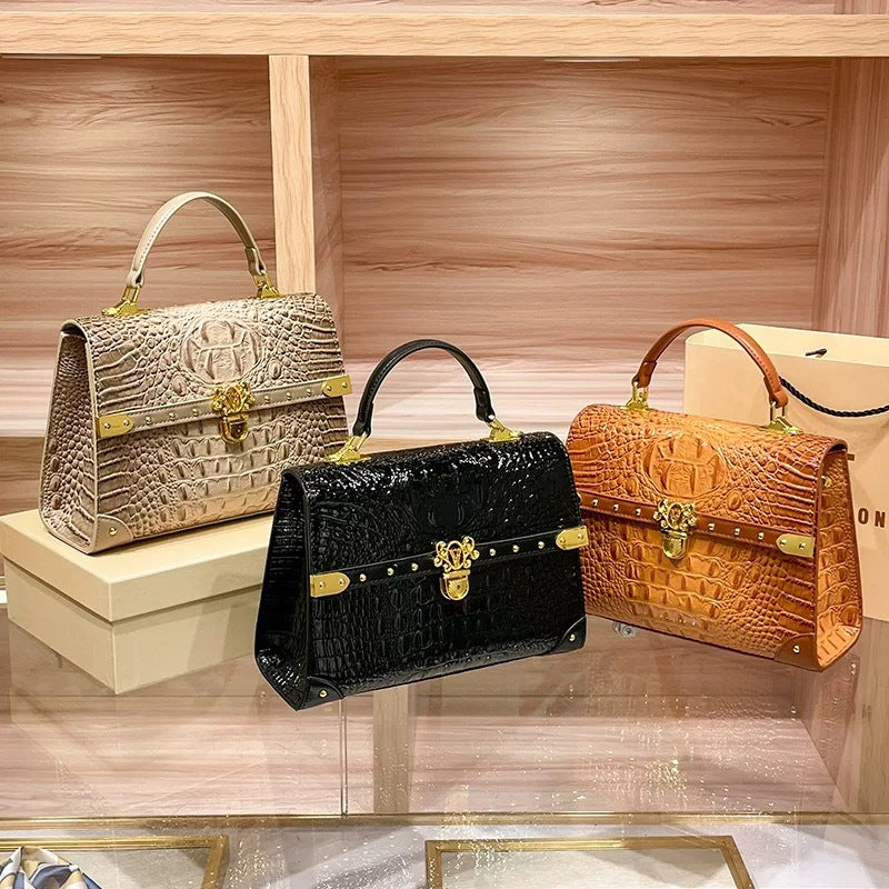 Genuine Leather Crocodile-Embossed Lock Buckle Handbag for Women, New Fashionable Versatile Shoulder Crossbody Purse, Trendy Bag for Ladies