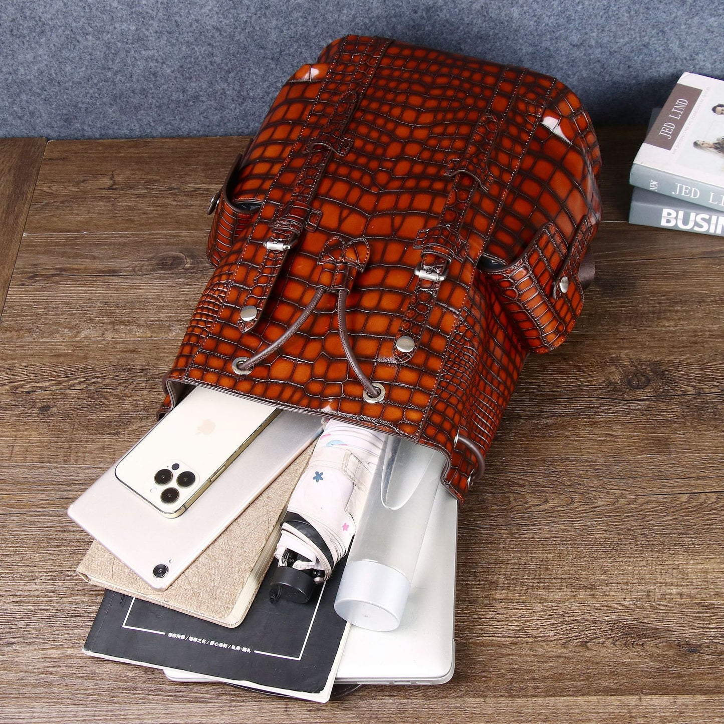 New Arrival Distressed Croc-Effect Large Briefcase for Men, A Spacious Travel Backpack with Laptop Compartment, Perfect for Outdoor & Casual Use