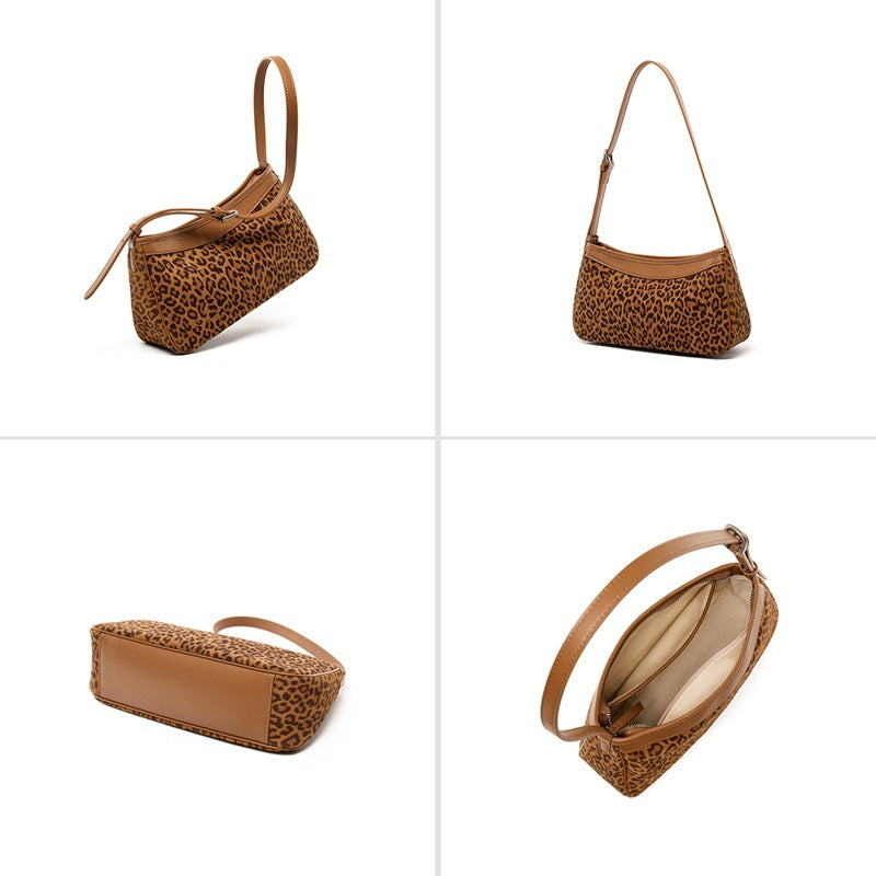 Genuine Top Layer Cowhide Leopard Print Small Crossbody Bag for Women, Japanese Niche Design Lightweight Shoulder Purse, Fashionable Everyday Handbag for Ladies