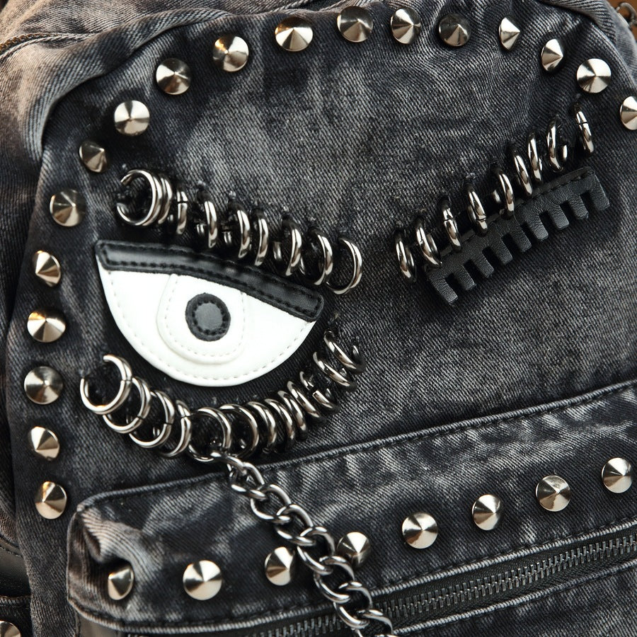 Denim Eye Rivet Backpack for Women Large Capacity Casual Shoulder Handbag, Trendy Chain Accent Purse with Edgy Personality Style