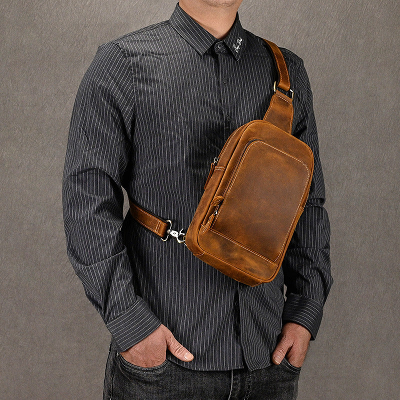 Crazy Horse Leather Minimalist Chest Bag, Casual Crossbody Shoulder Pouch, Outdoor Commute Bag for Men