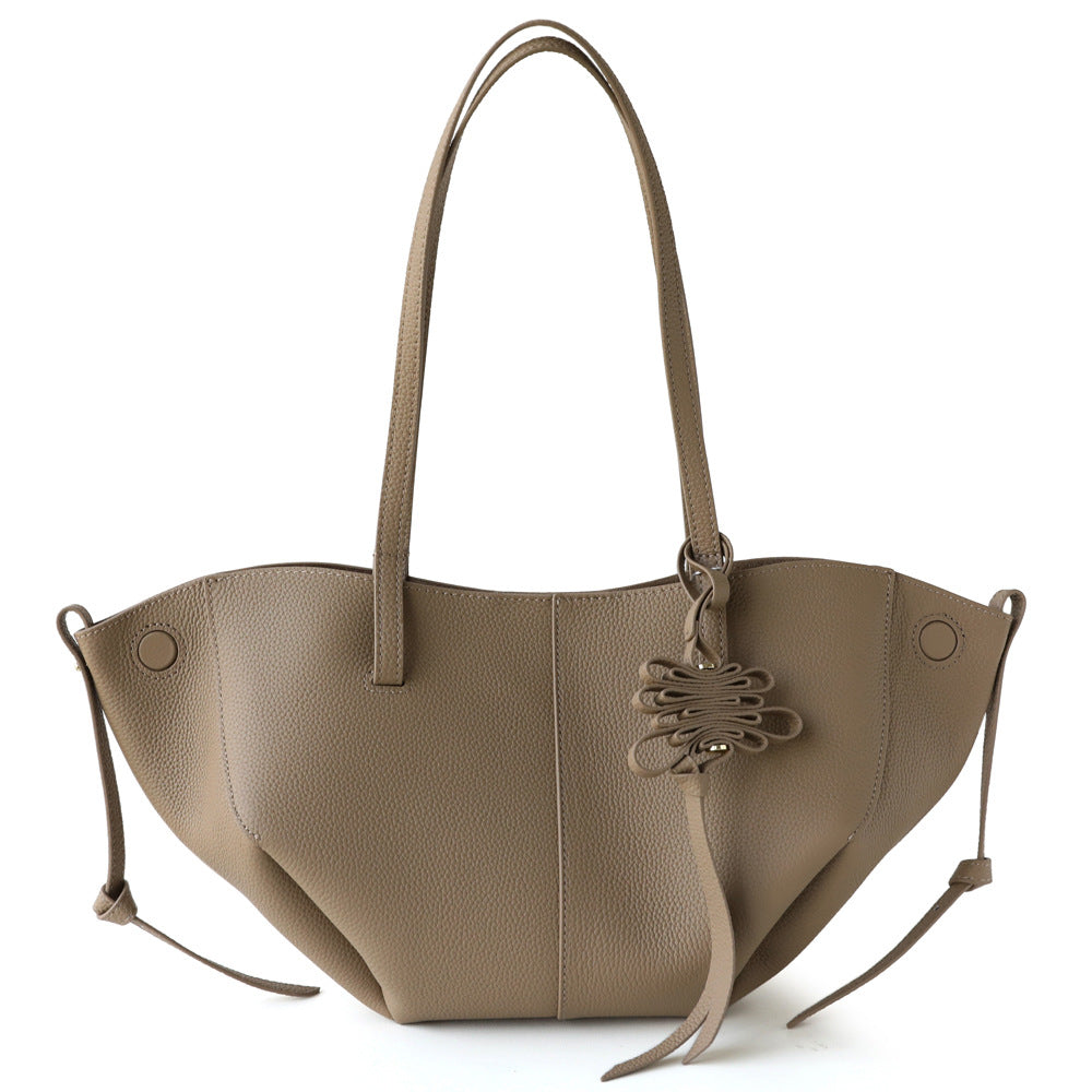 Top Layer Cowhide Pleated Wing Tote Bag for Women Commuter Shoulder Handbag, Premium Genuine Leather Purse with Elegant Draped Design