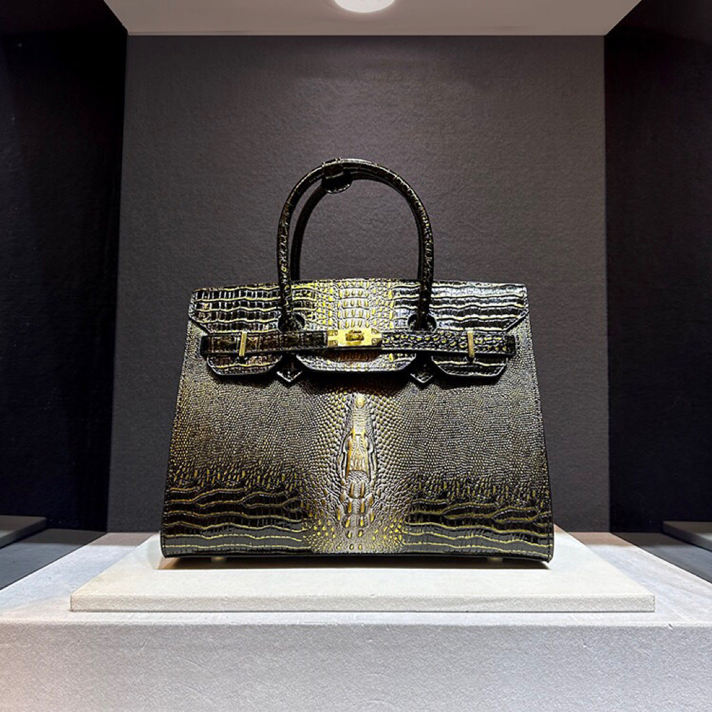 Genuine Leather Crocodile-Embossed Birkin-Style Handbag for Women, Fashionable Top Handle Shoulder Crossbody Purse, Trendy Bag for Ladies