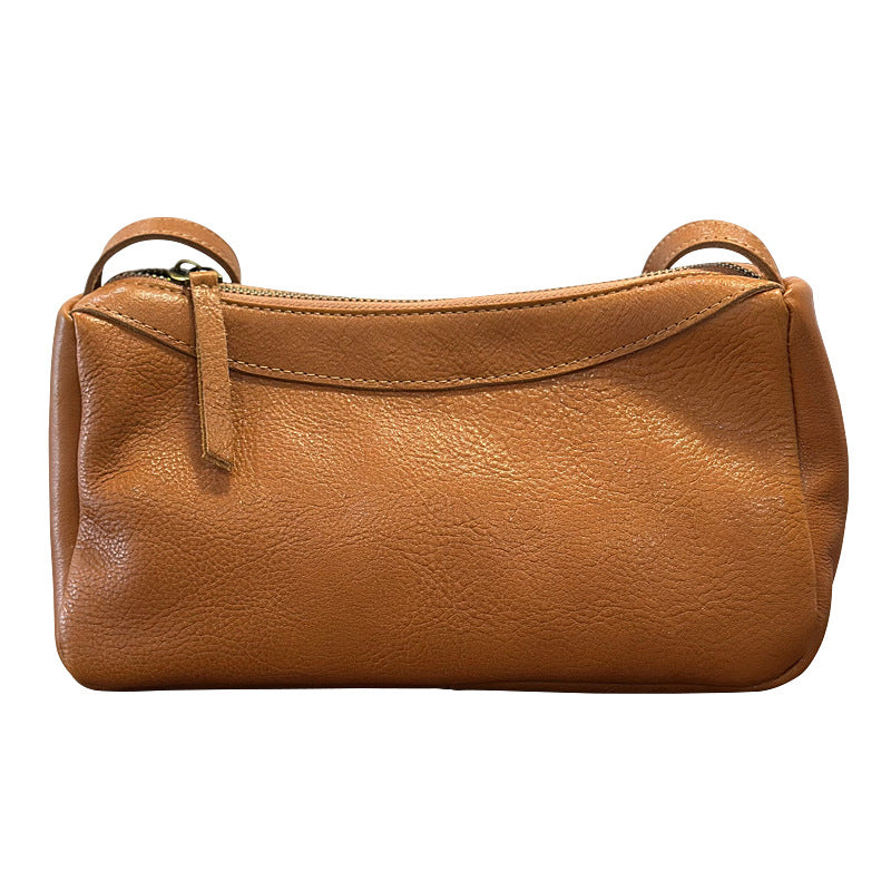 Genuine Top Layer Vegetable-Tanned Cowhide Bag for Women, New Spring Minimalist Brown Yellow Shoulder Crossbody Purse, Small Leather Handbag for Ladies