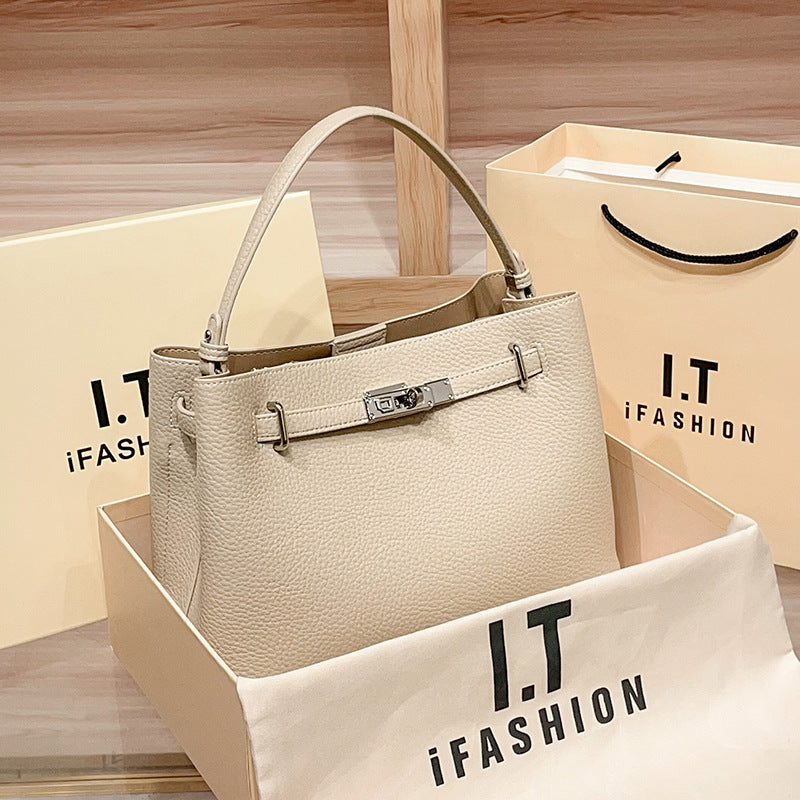 Genuine Leather Kelly-Style Bag for Women, New Early Spring Fashionable Shoulder Crossbody Top Handle Purse, Versatile Trendy Commute Handbag, Light Luxury for Ladies