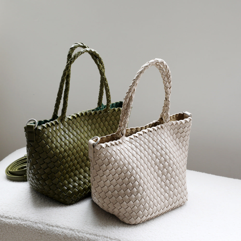 Classic Woven Basket Bag Set for Women Large Capacity Summer Shoulder Handbag with Detachable Sub-Bag, Casual Versatile Purse with Natural Texture