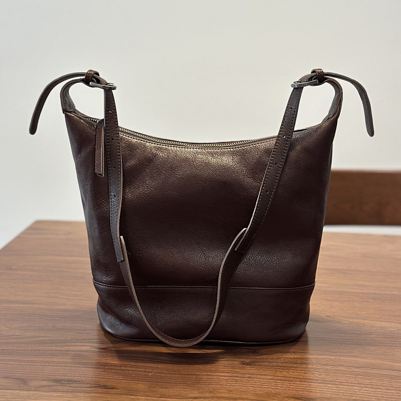 Genuine Top Layer Cowhide Bucket Bag for Women, Premium Large Capacity Shoulder Underarm Commute Purse, Casual Everyday Handbag for Ladies