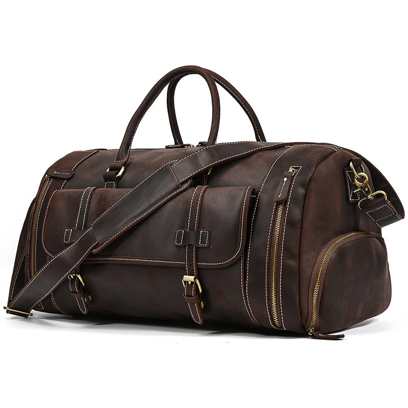 Large Capacity Crazy Horse Leather Travel Duffle with Shoe Compartment, Top Handle Shoulder Crossbody Luggage Bag for Men