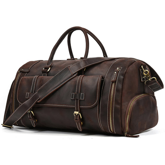 Large Capacity Crazy Horse Leather Travel Duffle with Shoe Compartment, Top Handle Shoulder Crossbody Luggage Bag for Men