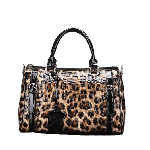 Premium Boston Bag in Genuine Cowhide, Leopard Print Large Capacity Top Handle Crossbody Purse, Stylish Handbag for Women