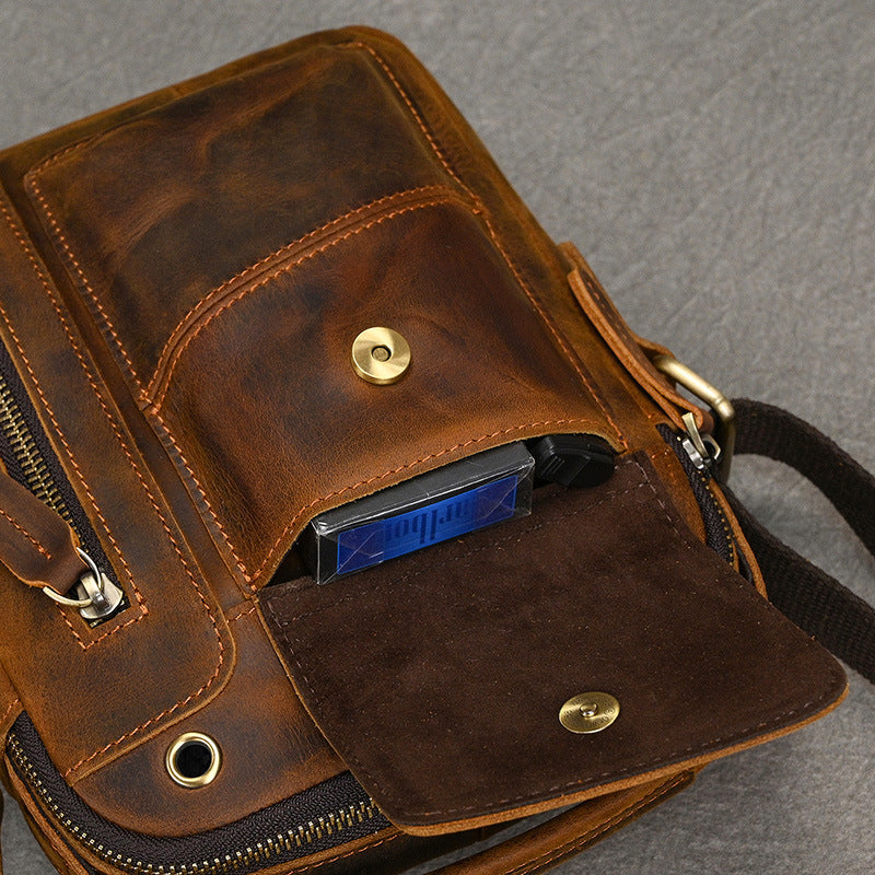 Crazy Horse Leather Small Phone Crossbody Bag, Earphone Hole Shoulder Pouch, Compact Square Travel Bag for Men
