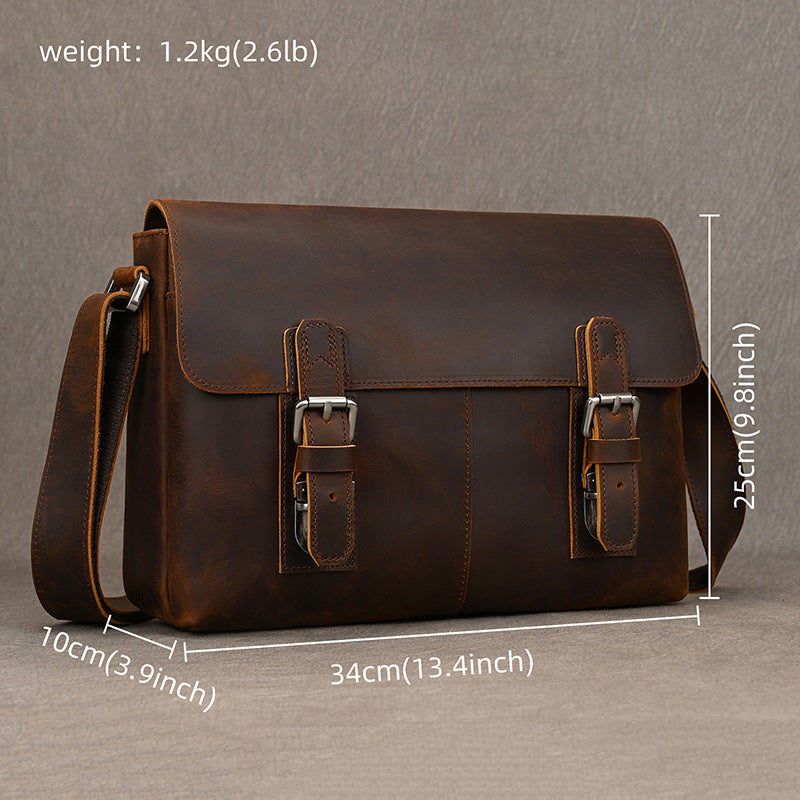 Genuine Top Layer Crazy Horse Cowhide 13-Inch Crossbody Bag for Men, Large Capacity Flap Laptop Briefcase, Casual Work Bag for Gentlemen