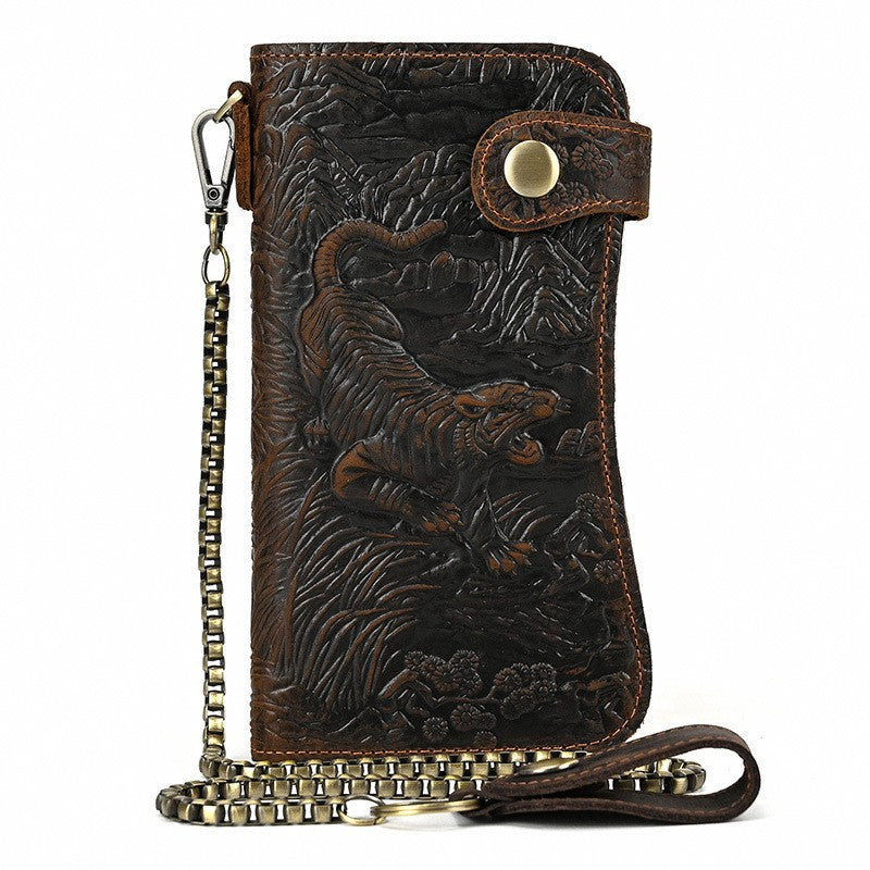 Crazy Horse Leather RFID Blocking Long Wallet for Men, Anti-Theft Chain Clutch, Secure Card Holder Money Bag for Gentlemen