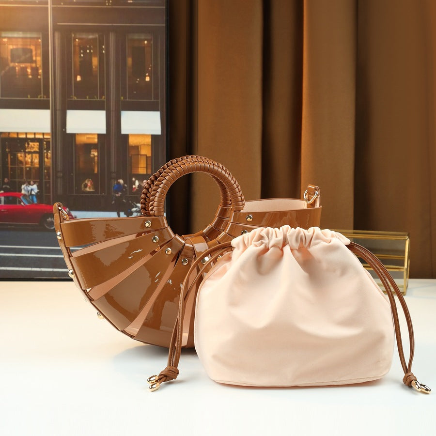 Fan-Shaped Shell Bag for Women Hollow Woven Sub-Bag Handbag, Trendy Shoulder Crossbody Purse with Unique Floral-Inspired Design