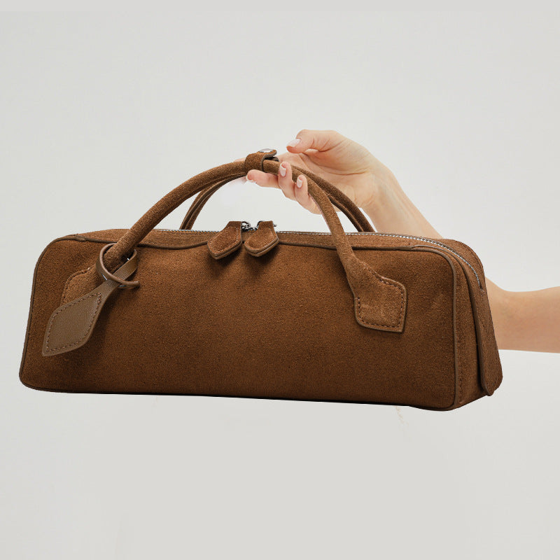 Genuine Suede Leather Baguette Bag for Women, New Vintage Large Capacity Top Handle Handbag, Matte Cowhide Sausage Shoulder Purse for Ladies