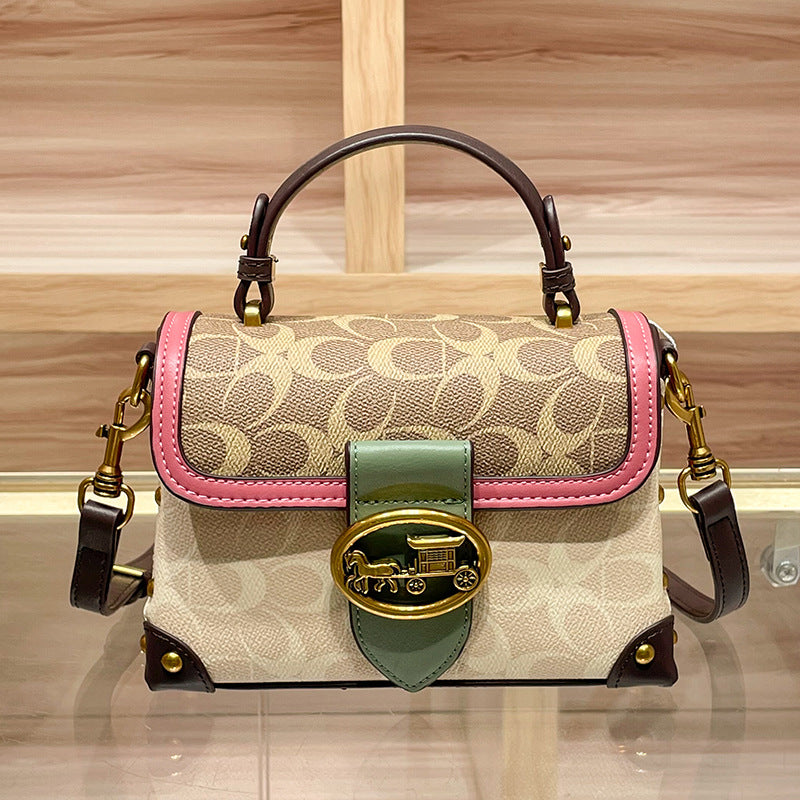 Genuine Leather Color Block Printed Box Bag for Women, Niche Fashionable Premium Shoulder Crossbody Purse, Unique Designer Handbag for Ladies