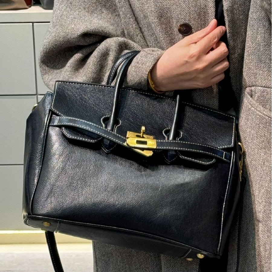 Genuine Top Layer Cowhide Vintage Kelly-Style Bag for Women, Premium Niche Designer Shoulder Crossbody Top Handle Purse, Large Capacity Handbag for Ladies