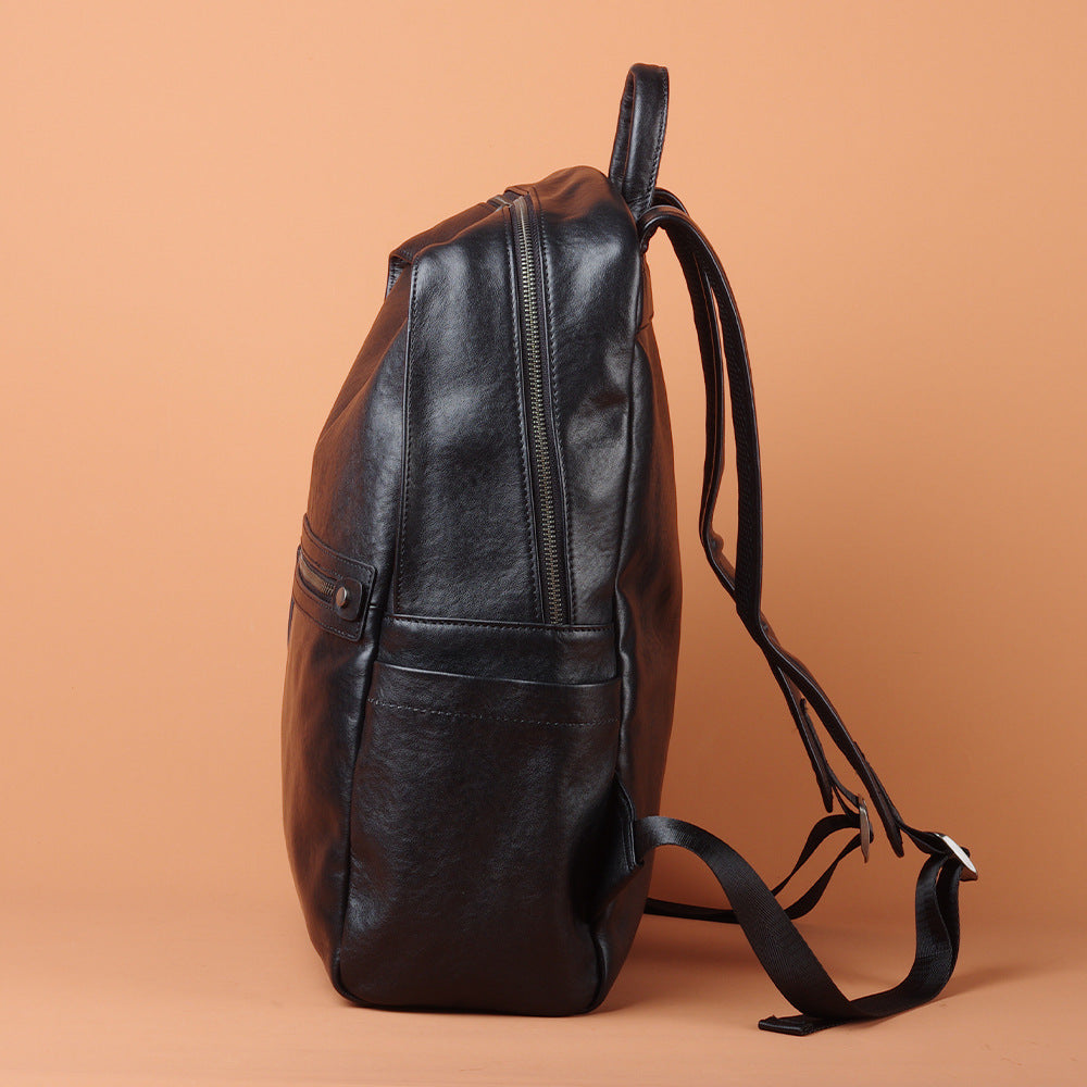 New Black Top Layer Cowhide Leather Backpack, Business Commute Laptop Daypack, Versatile Travel Bag for Men and Women