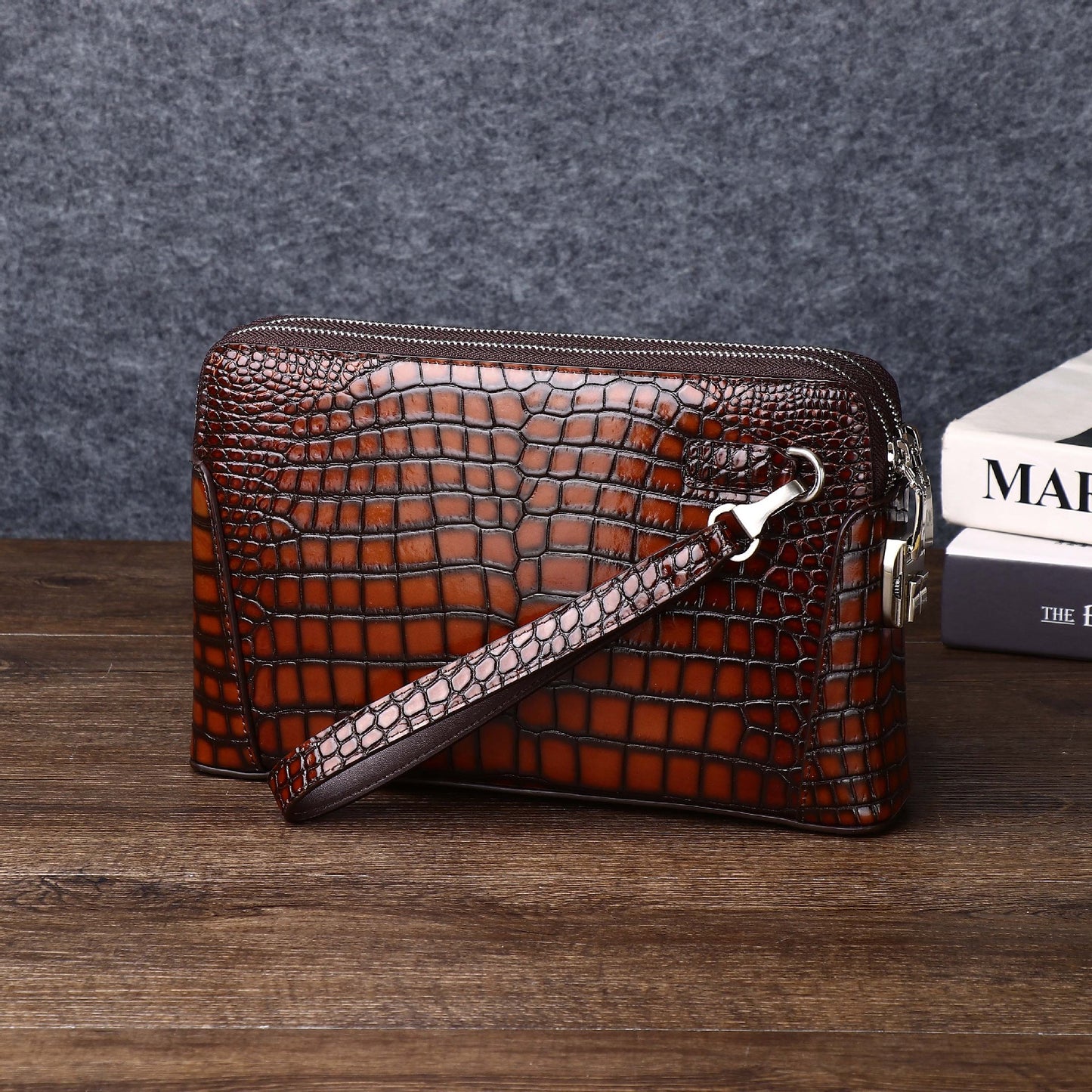 New Arrival Distressed Croc-Effect Clutch Bag for Men, A Large Capacity Casual Document Wallet with Double-Zip & Combination Lock