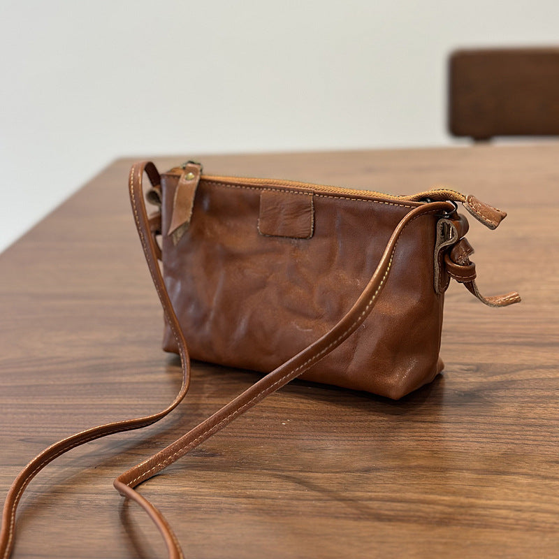 New Vintage Niche Genuine Leather Mini Phone Crossbody Bag, Textured Shoulder Purse, Versatile Commute Handbag for Women