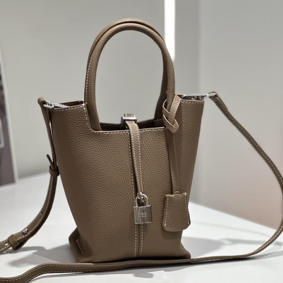 Genuine Top Layer Cowhide Bucket Tote Bag for Women, Versatile Leather Basket Handbag, Premium Top Handle Purse with Chic Elegant Style for Ladies