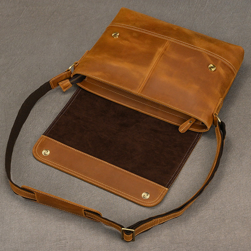 Genuine Crazy Horse Leather Laptop Crossbody Bag for Men, Vintage Fashionable Shoulder Bag, Top Layer Cowhide Casual Work Bag for Gentlemen