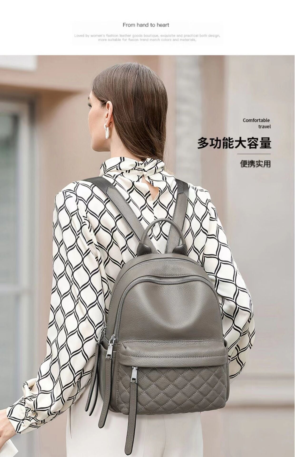 Genuine Top Layer Pebbled Cowhide Backpack for Women, New Diamond Quilted Stitching Large Capacity Commute Daypack, Off-White Casual Travel Bag for Ladies