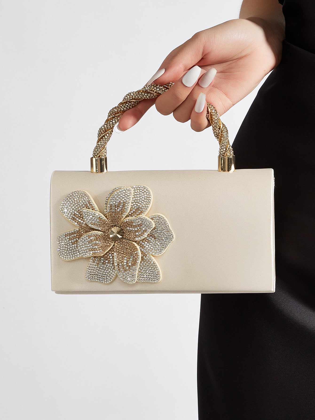 Handmade Rose Floral Silk Satin Evening Clutch for Women, Sparkly Rhinestone Small Square Crossbody Bag, Perfect Wedding Banquet Purse for Ladies