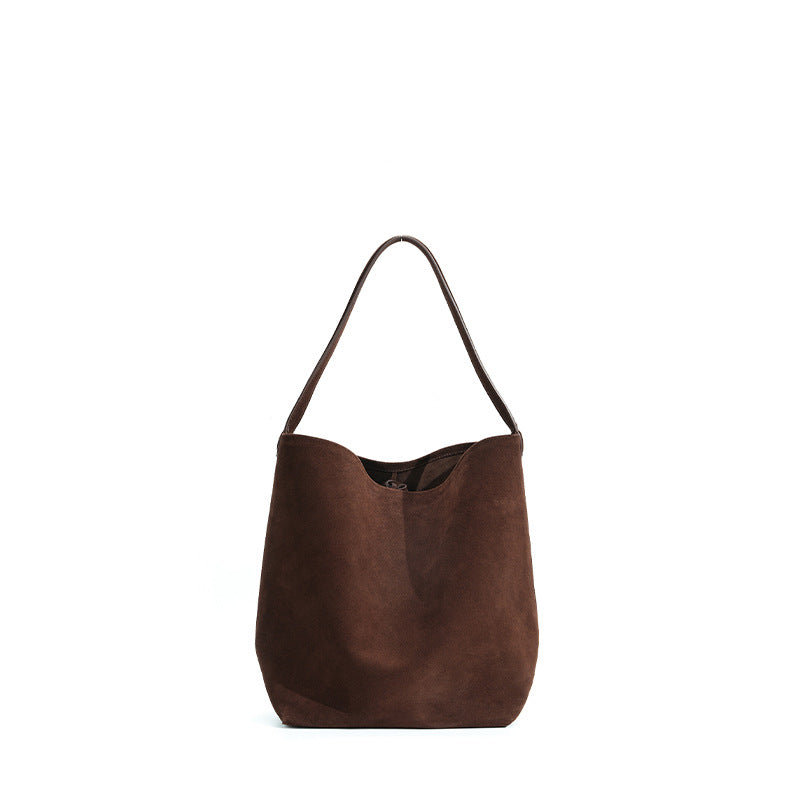 Genuine Matte Leather Bucket Bag for Women, Niche Versatile Solid Color Commute Shoulder Top Handle Purse, Premium Large Capacity Handbag for Ladies