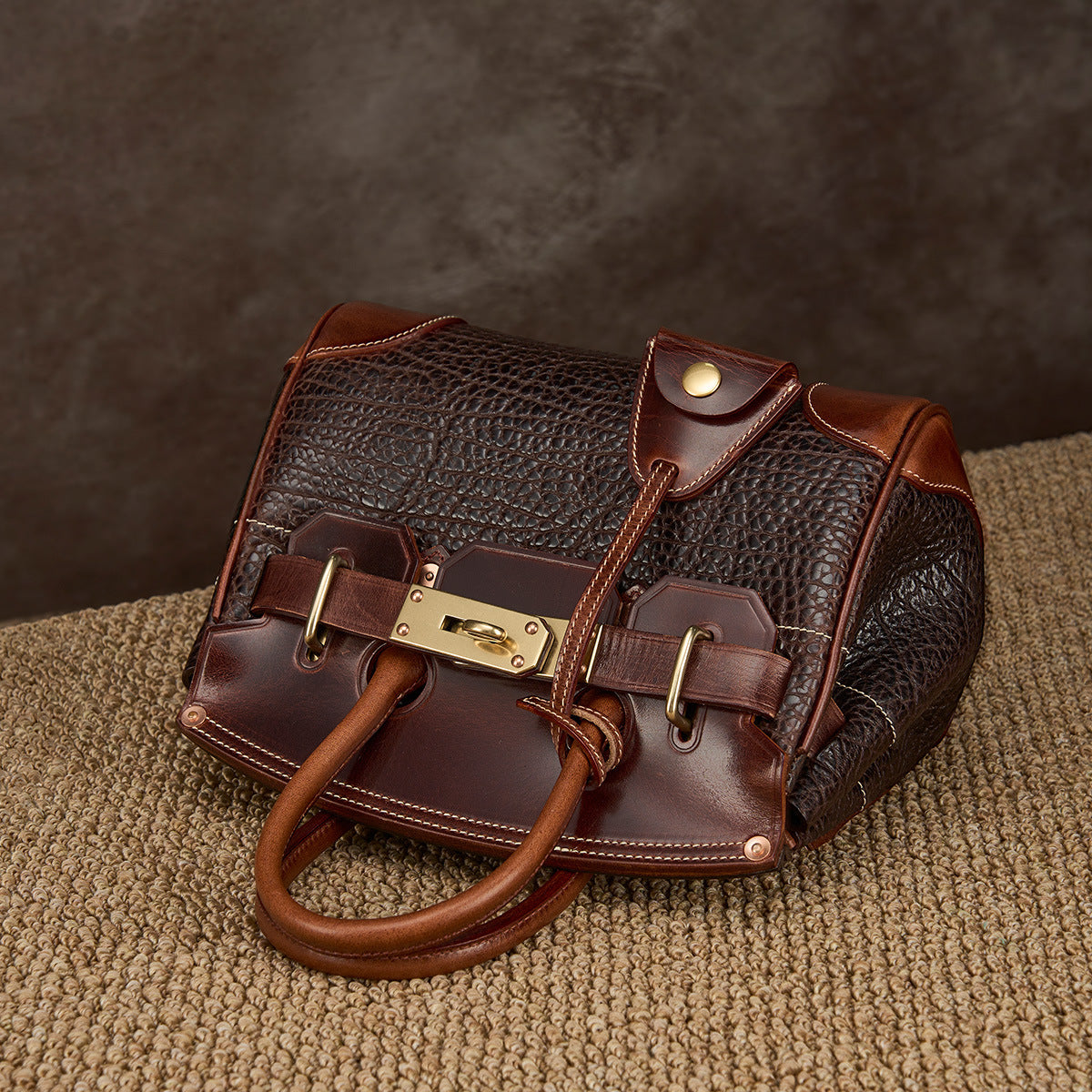 Genuine Italian Tree Bark Cowhide Birkin-Style Bag for Women, Vintage Heavy-Duty Textured Kelly-Style Crocodile-Embossed Shoulder Crossbody Purse, Premium Handbag for Ladies