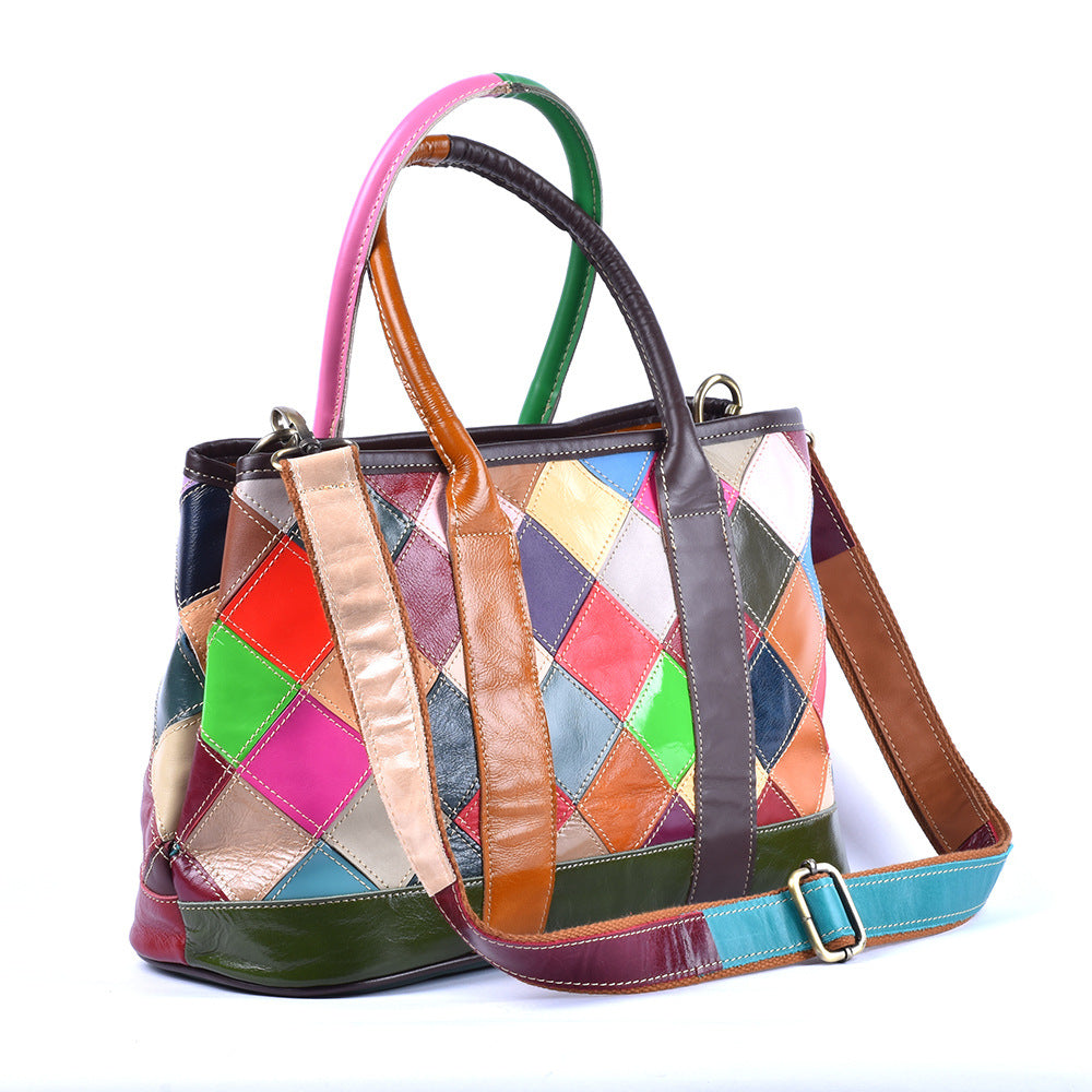 Checkered Patchwork Color Block Tote in Top Layer Cowhide, Fashionable Shoulder Crossbody Top Handle Handbag, Stylish Bag for Women