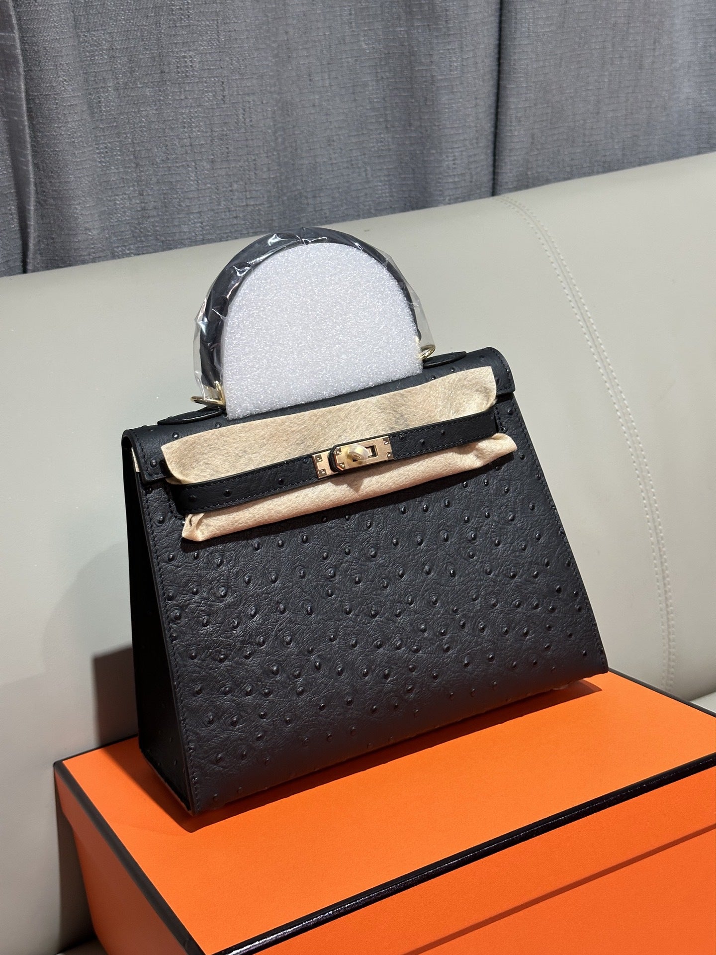 Genuine Top Layer Cowhide Ostrich-Embossed Kelly-Style 25 Bag for Women, Small Square Crossbody Top Handle Purse, Large Capacity Handbag for Ladies