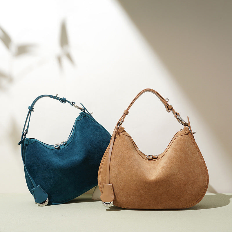 Genuine Suede Crescent Bag for Women, Vintage Light Luxury Minimalist Shoulder Underarm Crossbody Purse, Premium Large Capacity Handbag for Ladies