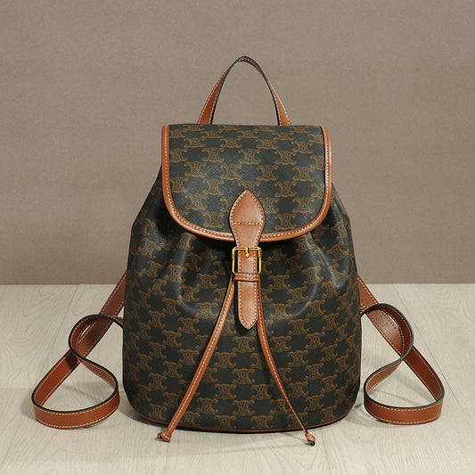 Genuine Leather Arc de Triomphe Drawstring Backpack for Women, New Spring Vintage Monogram Light Luxury Top Handle Bag, Trendy Casual Shoulder Purse for Ladies