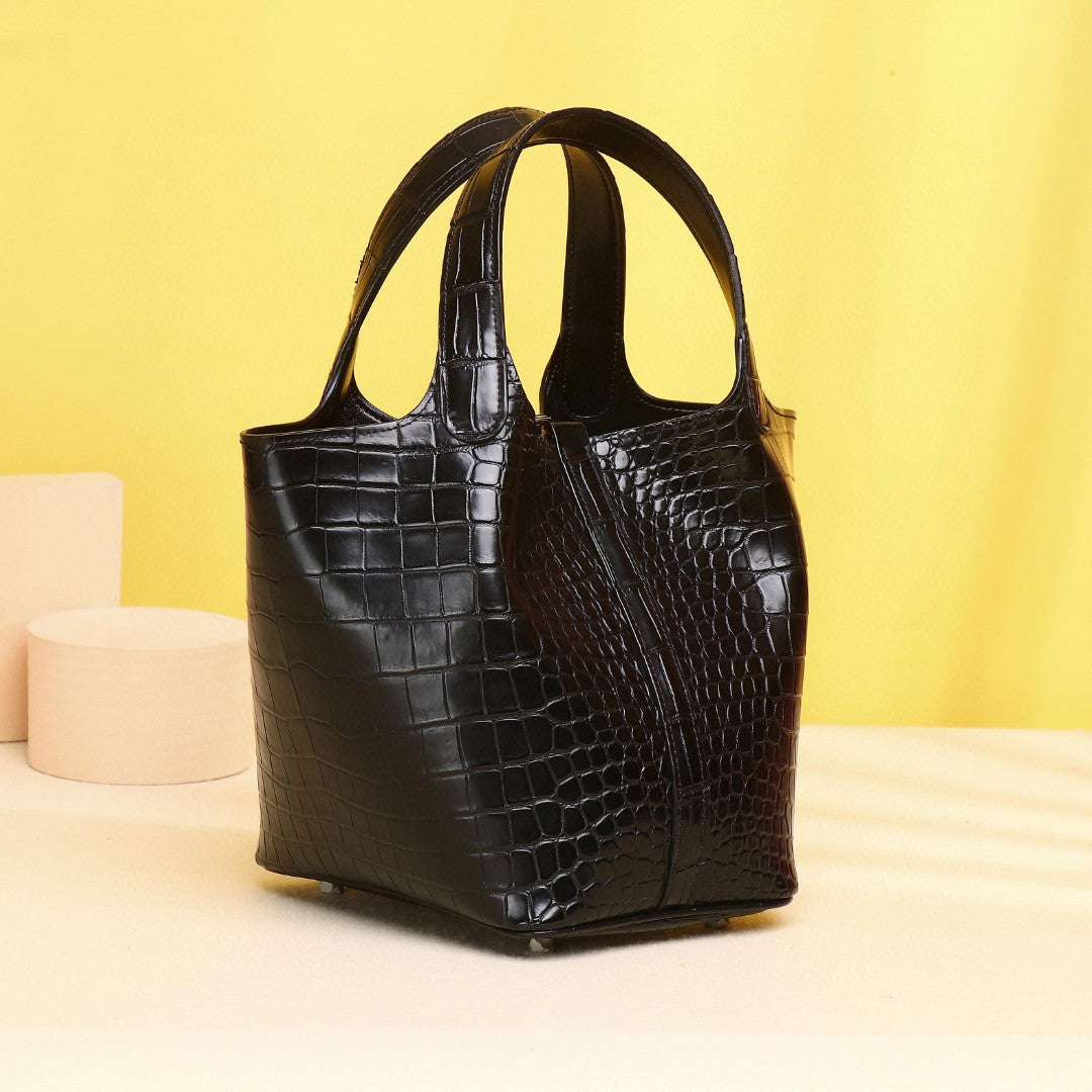 New Summer Genuine Leather Basket Bucket Bag for Women, A Versatile Croc-Effect Top-Handle Shoulder Crossbody Handbag Perfect for Summer Style