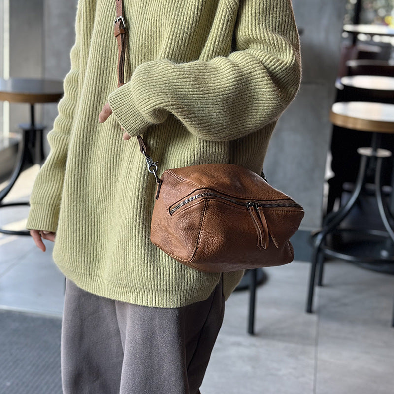 Genuine Soft Leather Vintage Crossbody Bag for Women, Spring Summer Lightweight Minimalist Shoulder Purse, Versatile Everyday Toast Style Handbag for Ladies