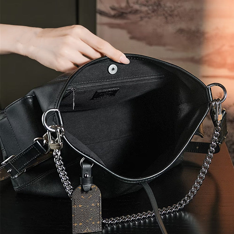 Genuine Sheepskin Leather Tote Bag for Women Large Capacity Black Shoulder Handbag with Chain Strap, Trendy Crossbody Purse with Premium Texture